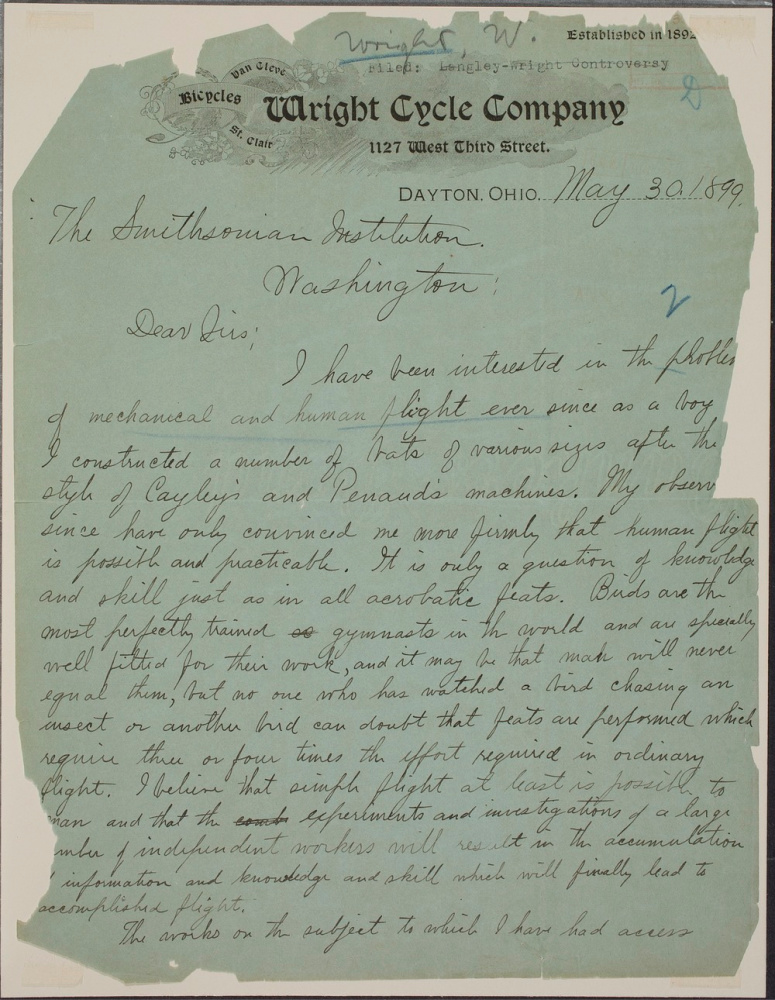 Wilbur Wright's letter to the Smithsonian